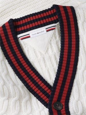 yellow cable knit wool blend letterman cardigan for men tommy hilfiger