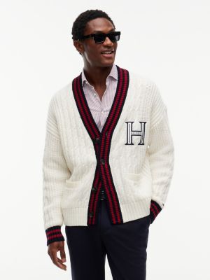 yellow cable knit wool blend letterman cardigan for men tommy hilfiger