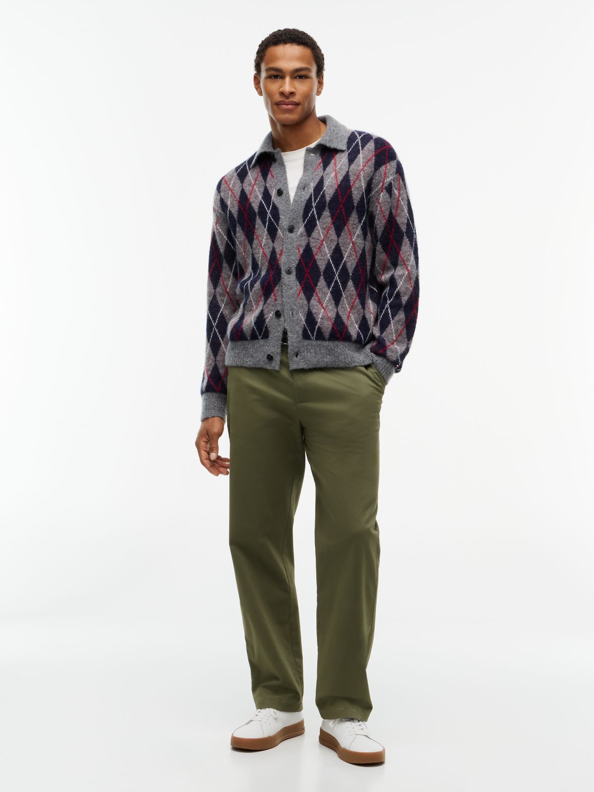 Argyle Relaxed Cardigan With Alpaca — Grey