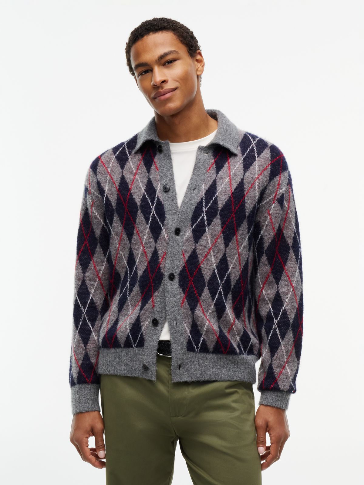 Argyle Relaxed Cardigan With Alpaca — Grey