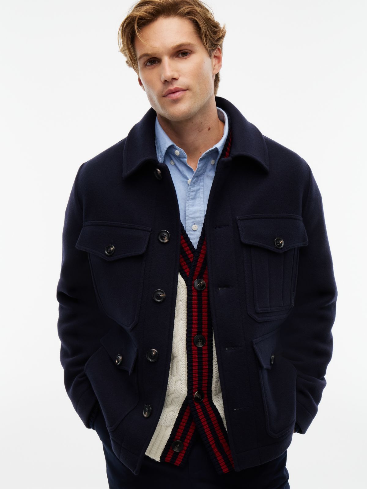 Wool Blend Four Pocket Jacket With Cashmere — Blue