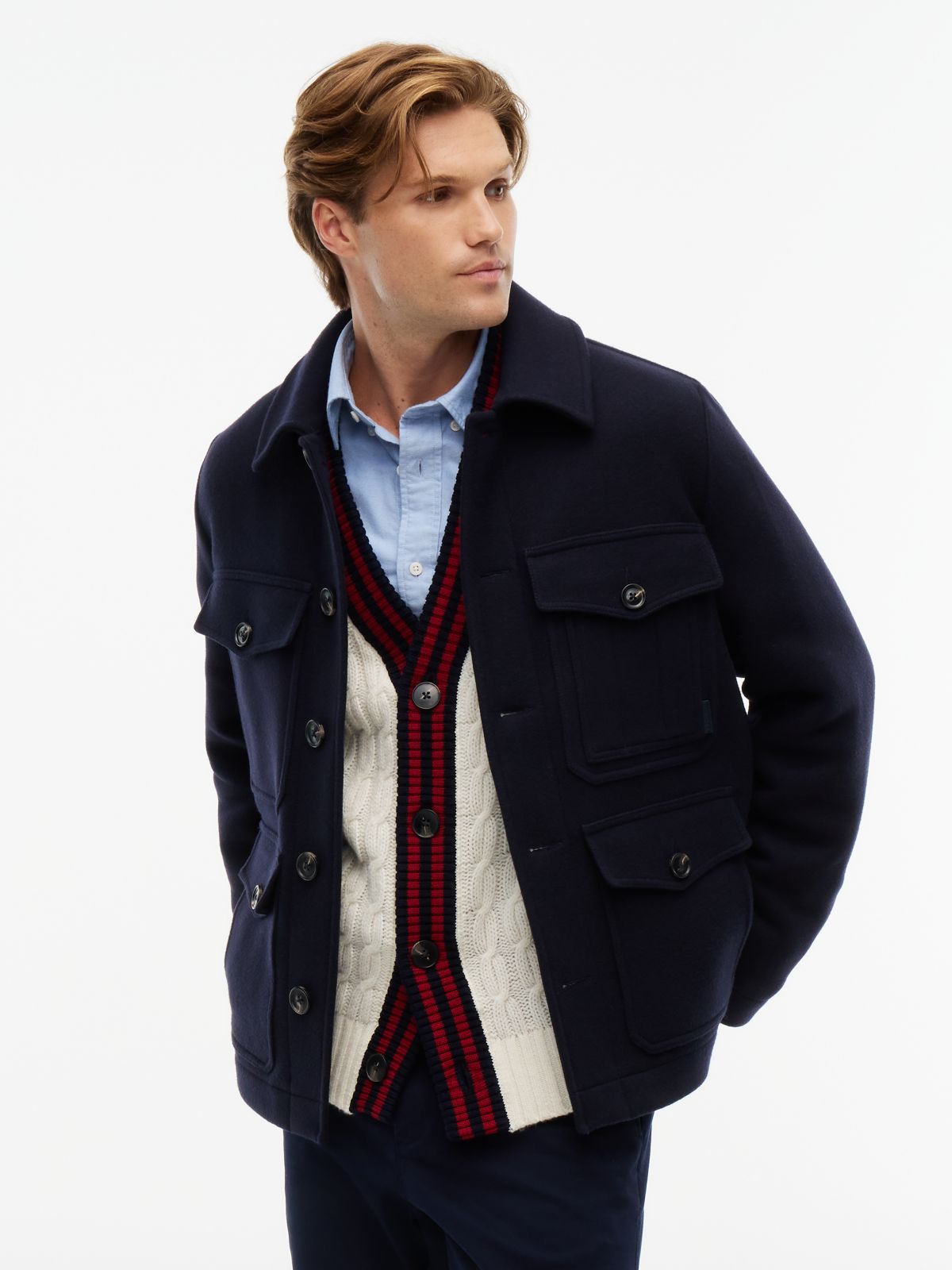 Wool Blend Four Pocket Jacket With Cashmere — Blue