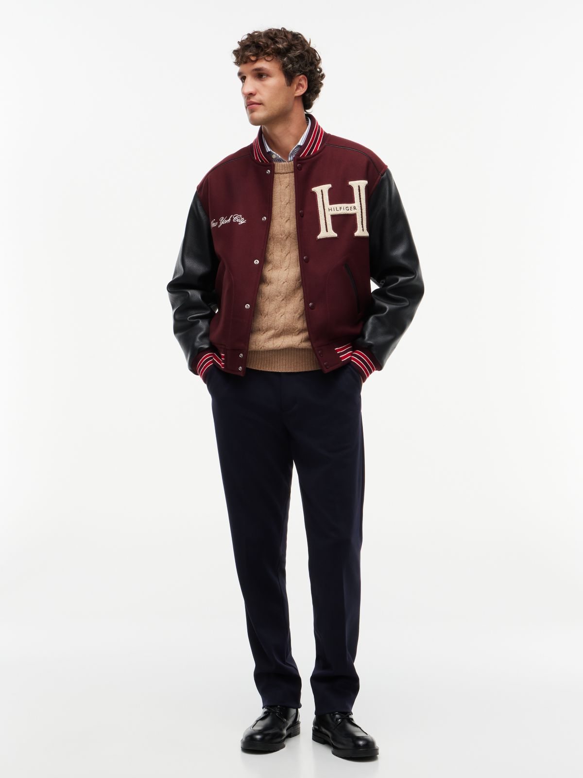 Wool Blend Varsity Jacket With Cashmere — Brown