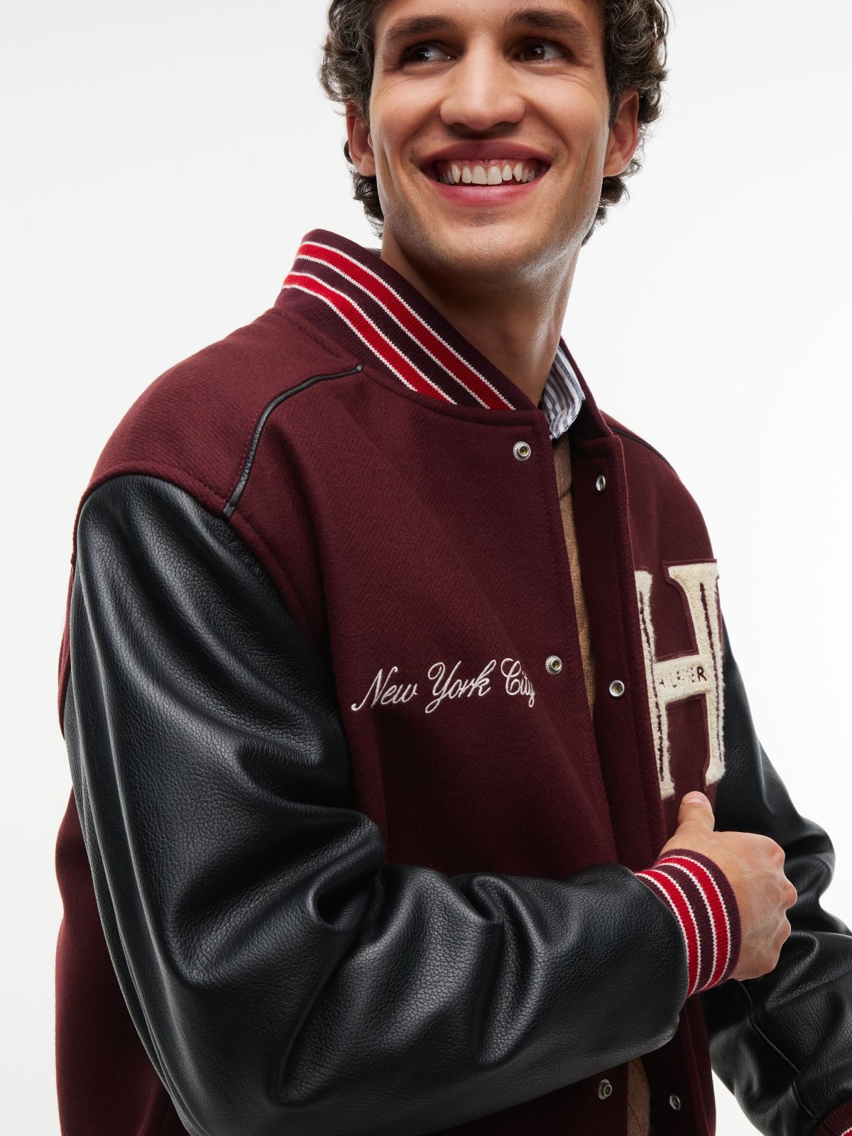 Wool Blend Varsity Jacket With Cashmere — Brown