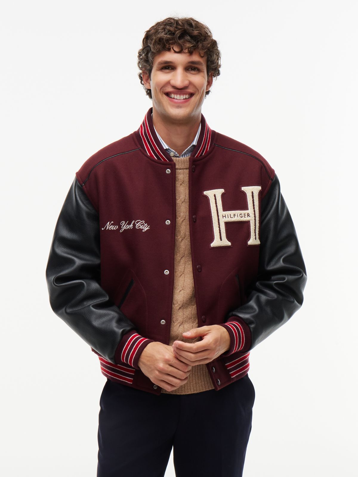 Wool Blend Varsity Jacket With Cashmere — Brown