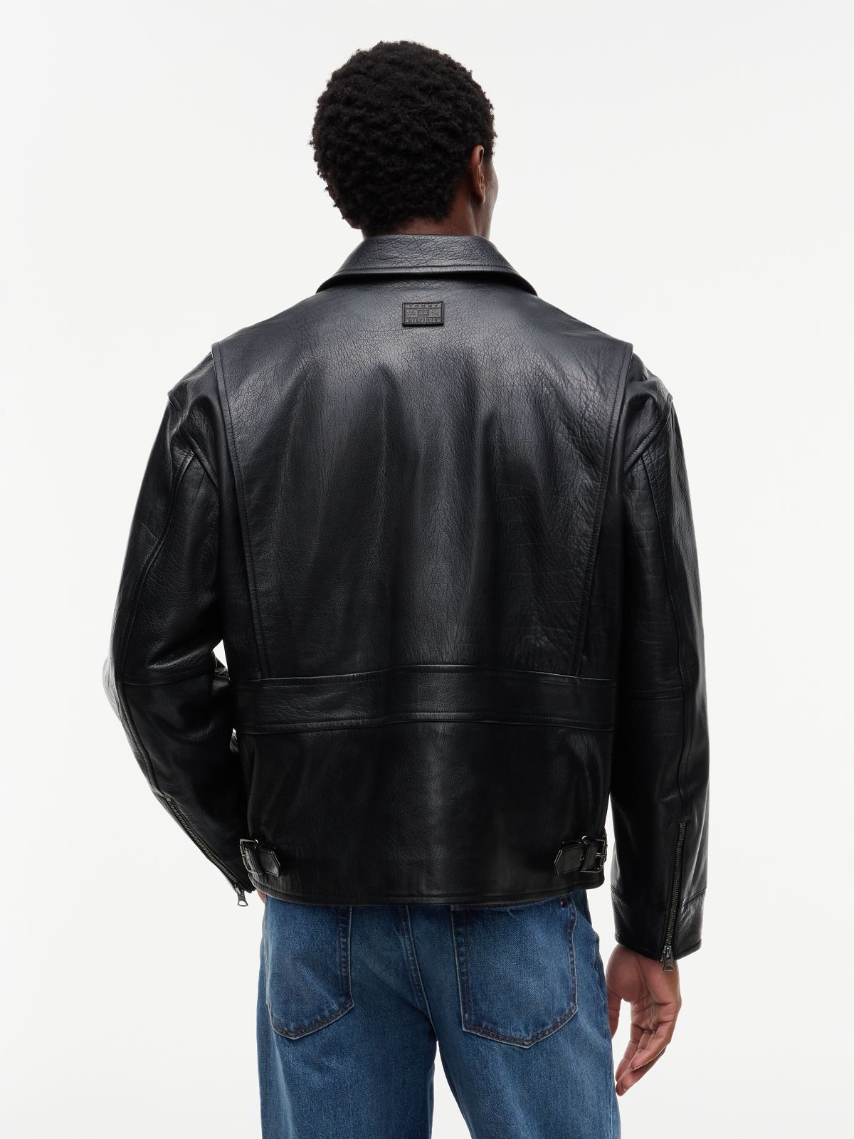 Textured Leather Relaxed Zip-Thru Jacket — Black