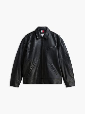 schwarz strukturierte relaxed fit lederjacke für herren - tommy hilfiger
