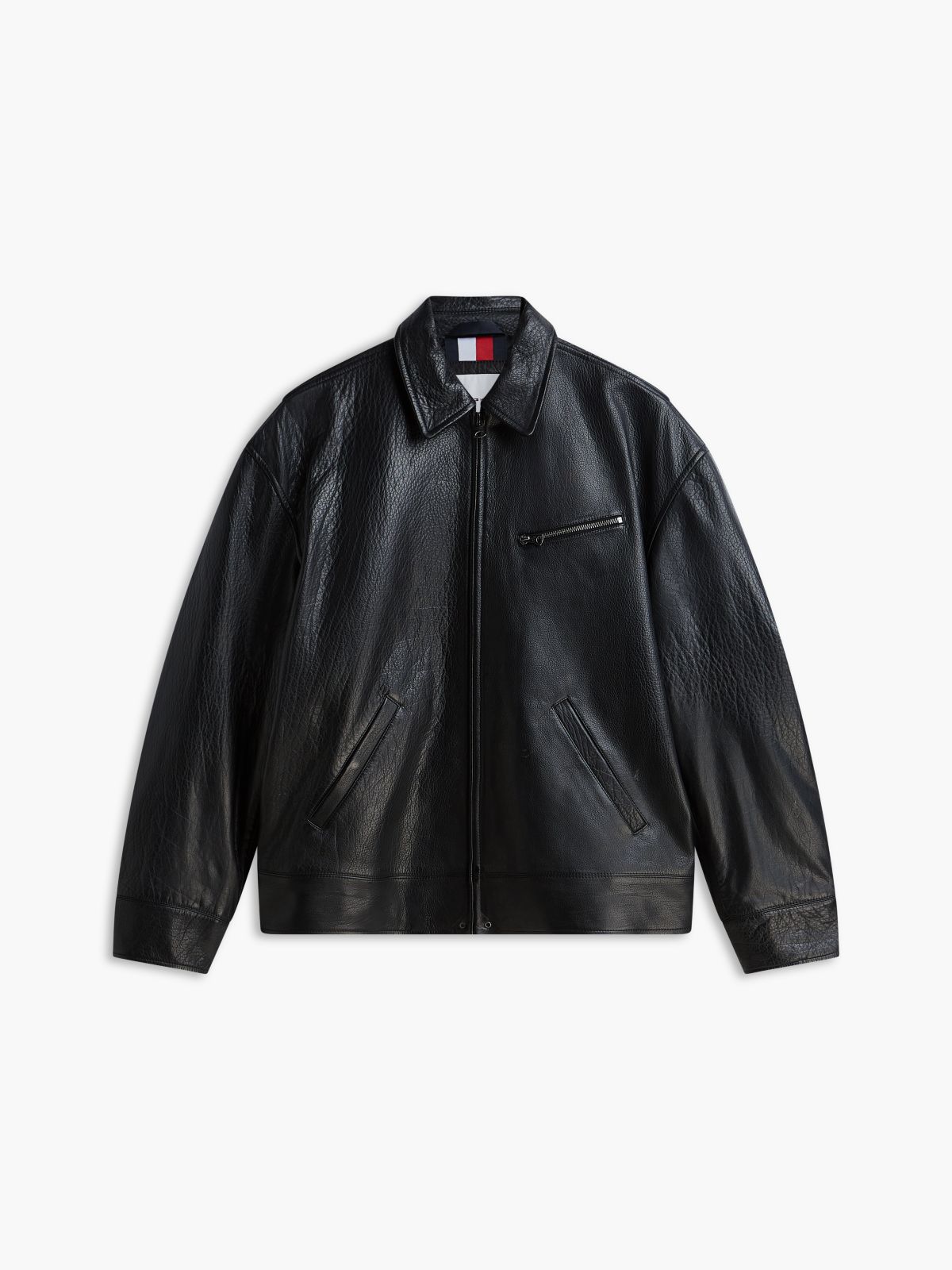 Textured Leather Relaxed Zip-Thru Jacket — Black