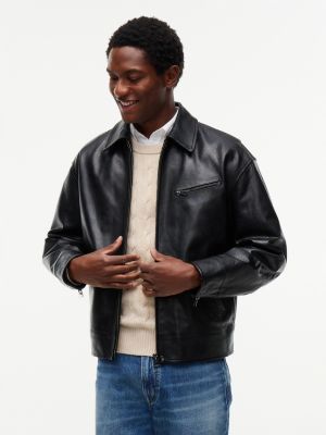 black strukturierte relaxed fit lederjacke für herren - tommy hilfiger