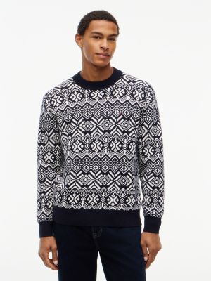 blue fair isle relaxed crew neck jumper for men tommy hilfiger