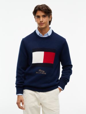 blue intarsia flag crew neck jumper for men tommy hilfiger