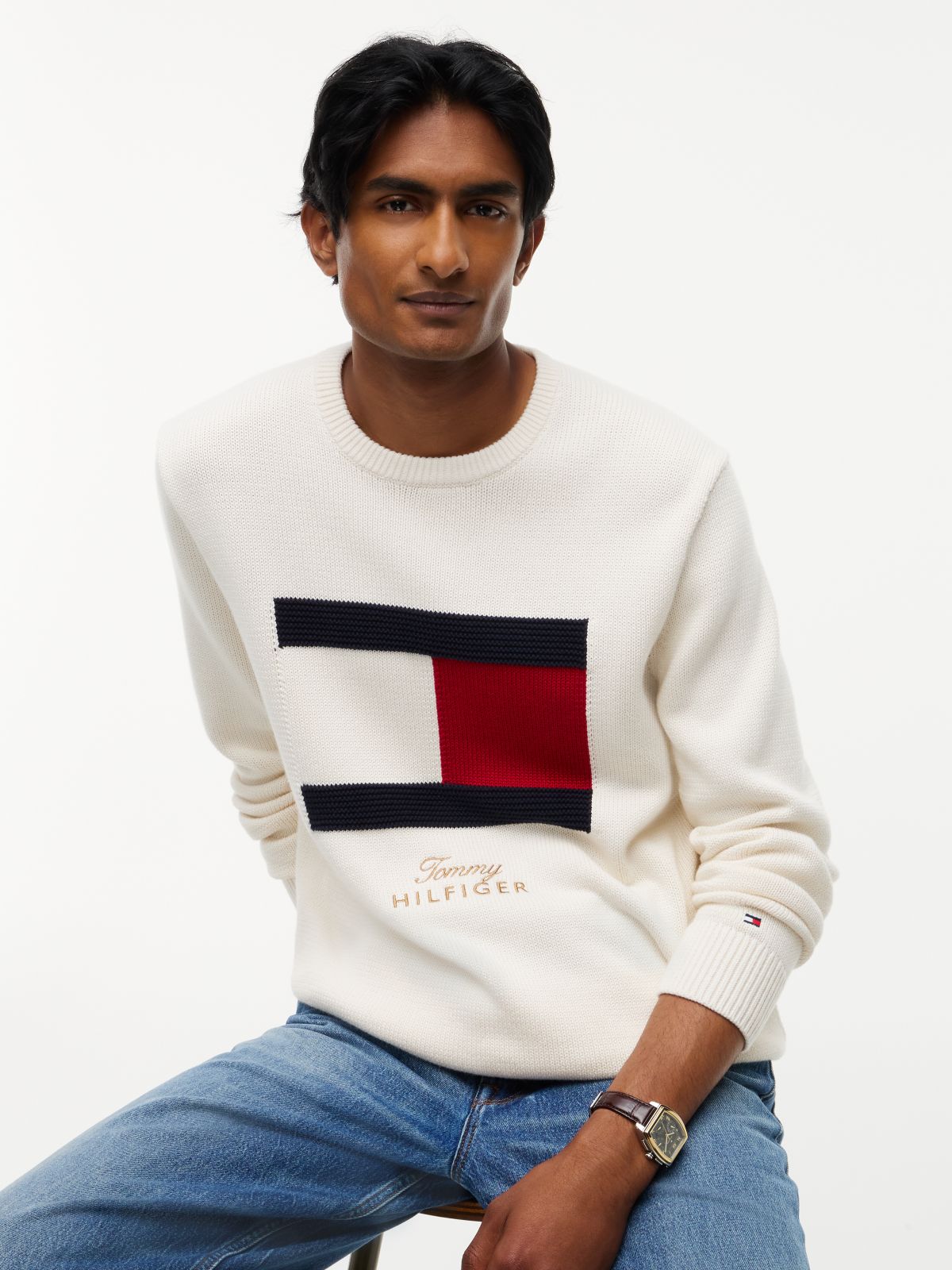 Intarsia Flag Crew Neck Jumper — Yellow