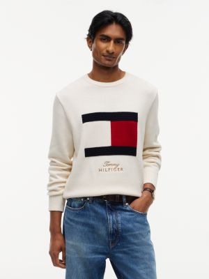 yellow intarsia flag crew neck jumper for men tommy hilfiger