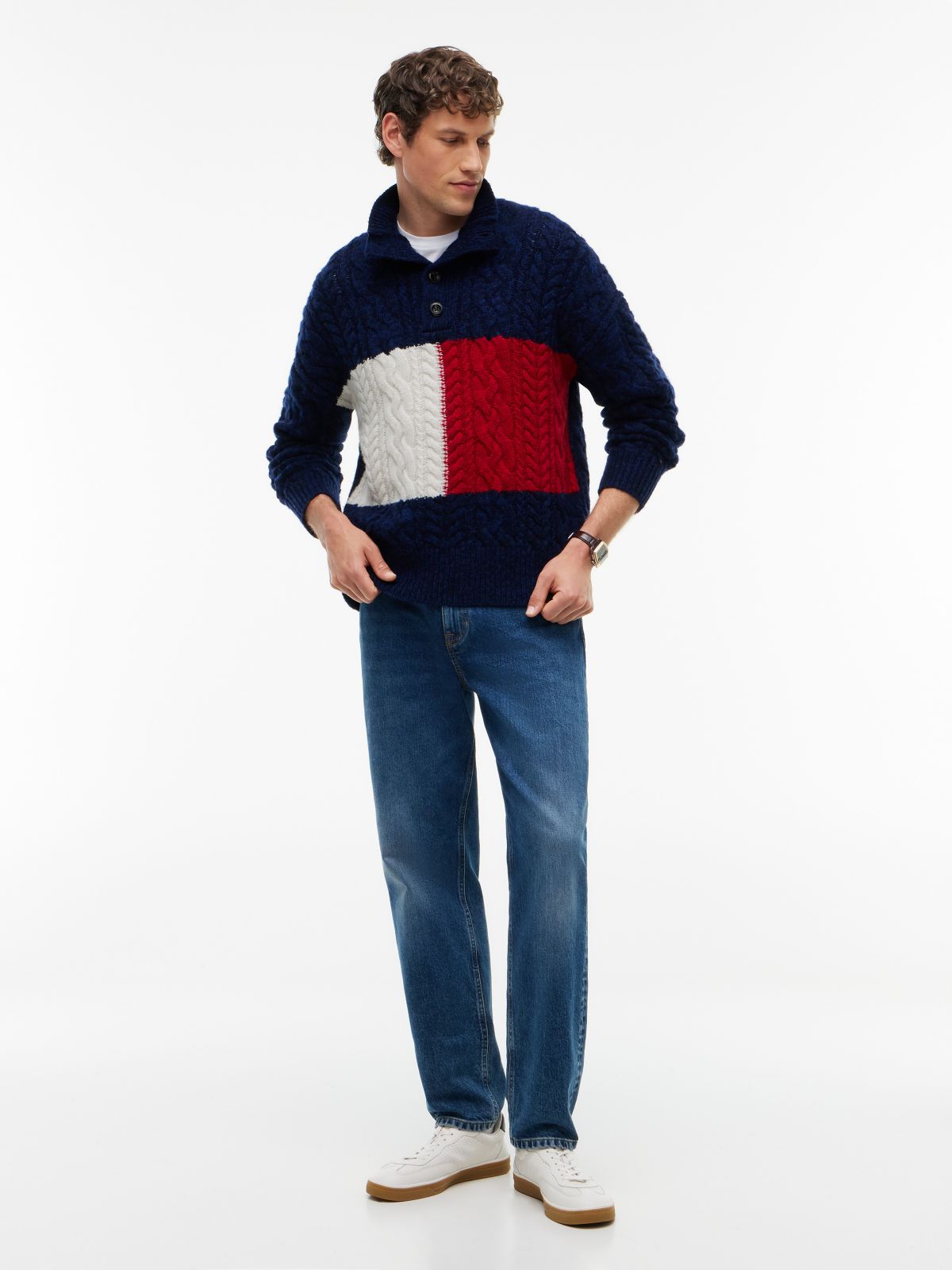 Wool Blend Button Mock Neck Jumper — Blue