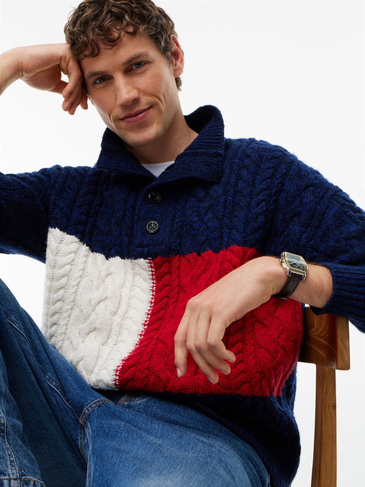 Wool Blend Button Mock Neck Jumper — Blue