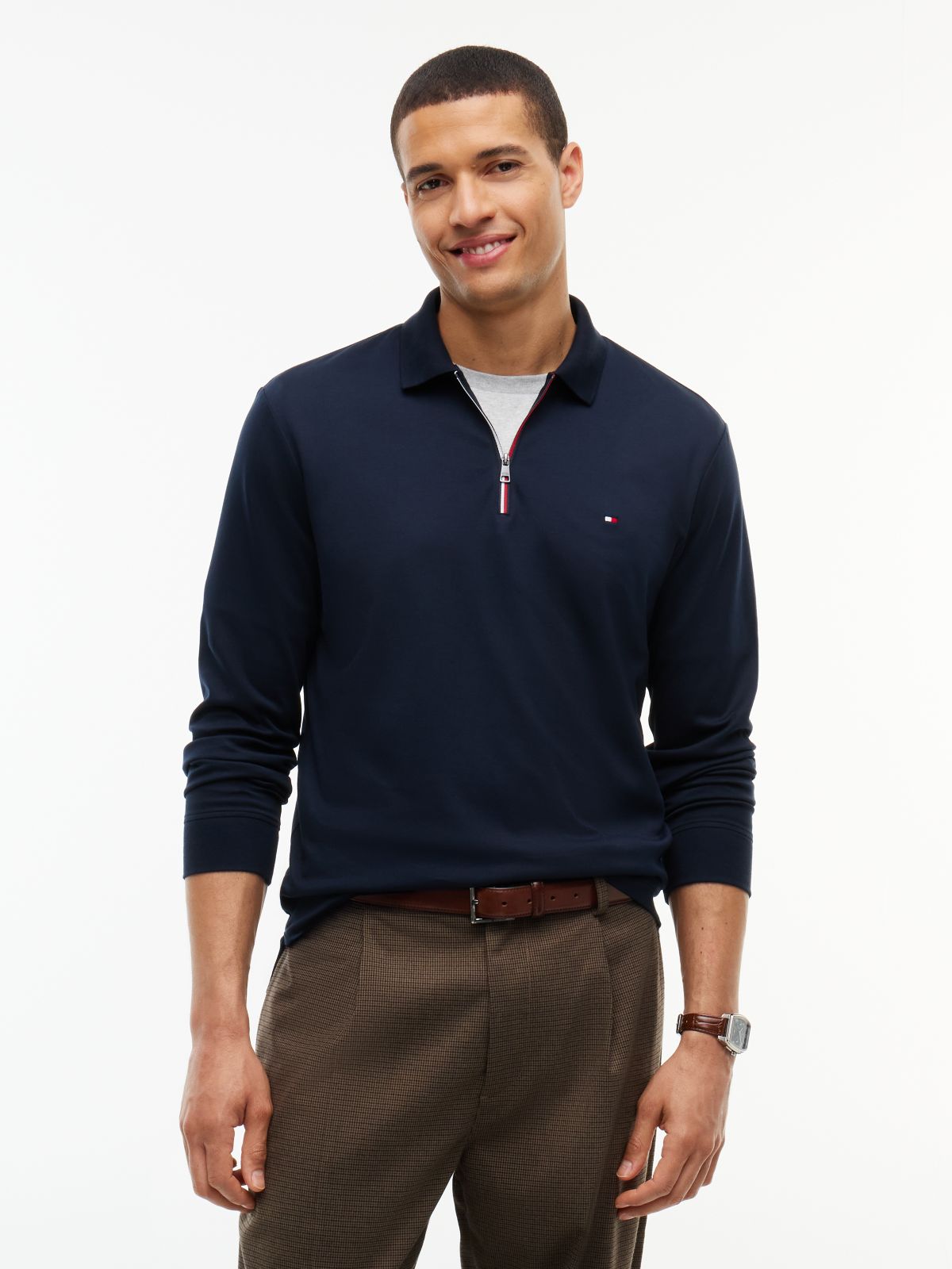 Fluid Cotton Long Sleeve Polo Shirt — Blue