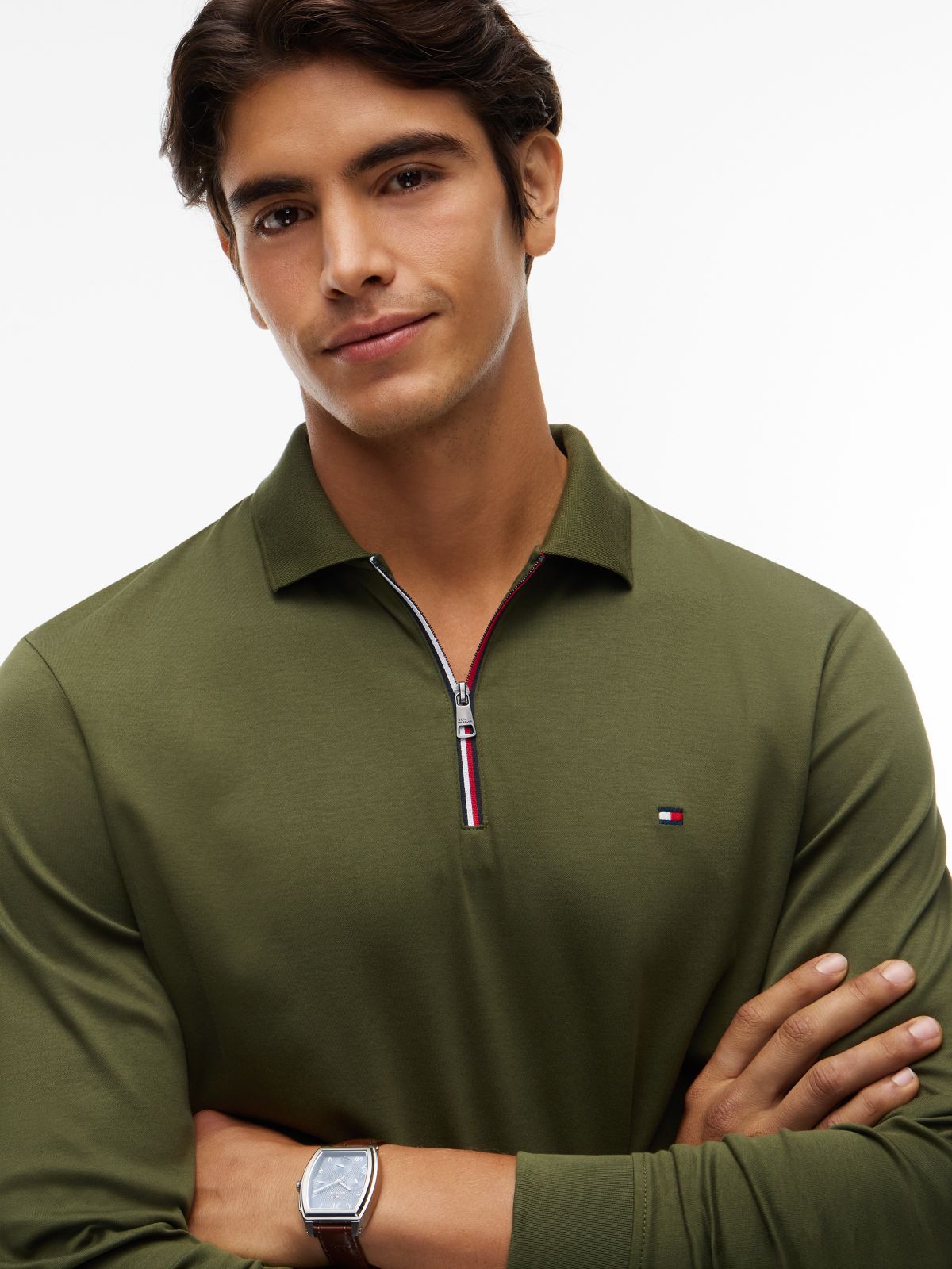 Fluid Cotton Long Sleeve Polo Shirt — Green