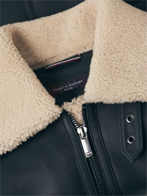 zwart new york label leren aviatorjack met schapenvacht voor heren - tommy hilfiger