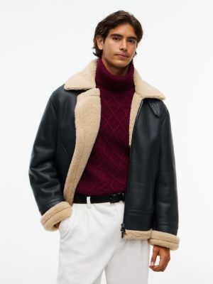 black new york label leren aviatorjack met schapenvacht voor heren - tommy hilfiger