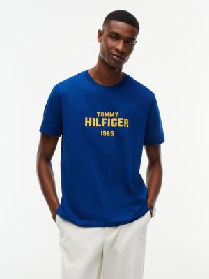 camiseta de punto y cuello redondo con logo a contraste blue de hombres tommy hilfiger