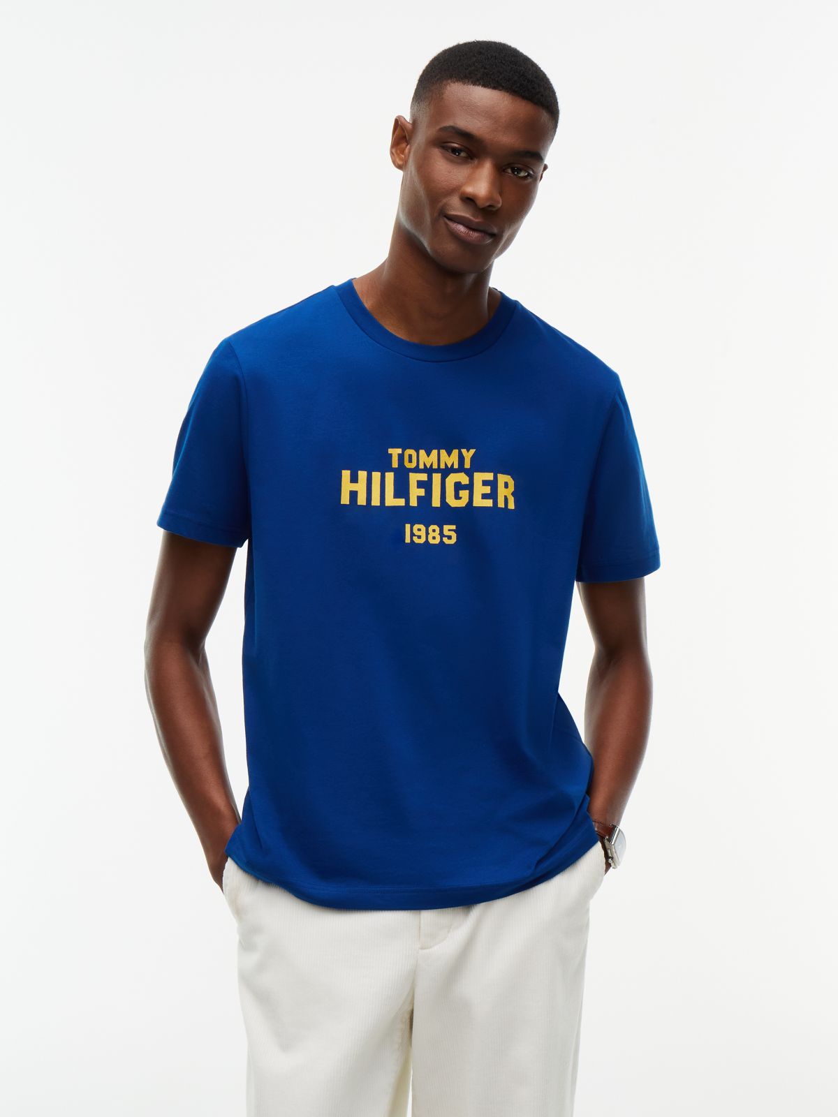 Contrast Logo Crew Neck Jersey T-Shirt — Blue