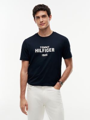 camiseta de punto y cuello redondo con logo a contraste blue de hombres tommy hilfiger