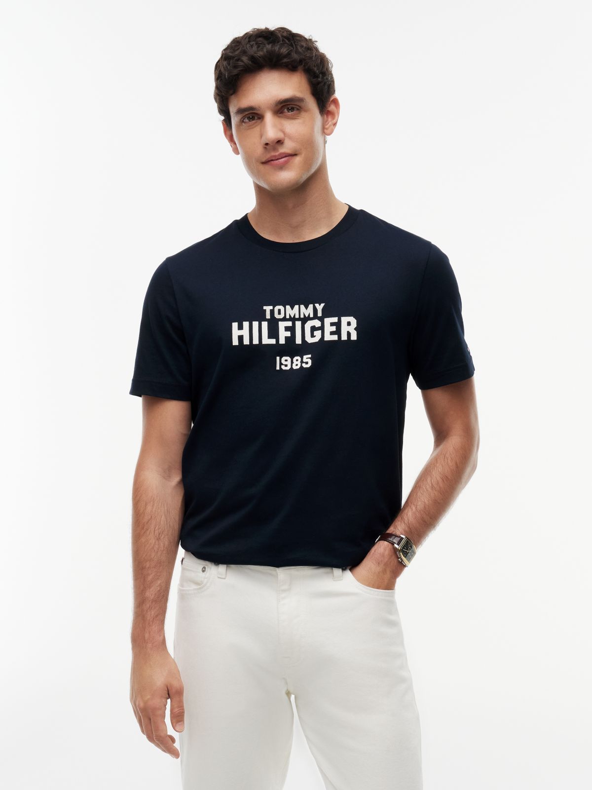 Contrast Logo Crew Neck Jersey T-Shirt — Blue