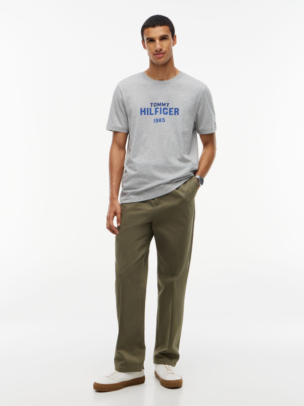 Contrast Logo Crew Neck Jersey T-Shirt — Grey