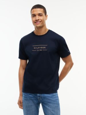 blue t-shirt z dzianiny interlock z logo dla mężczyźni - tommy hilfiger