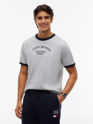 grey t-shirt typu ringer z teksturowanego dżerseju z logo dla mężczyźni - tommy hilfiger