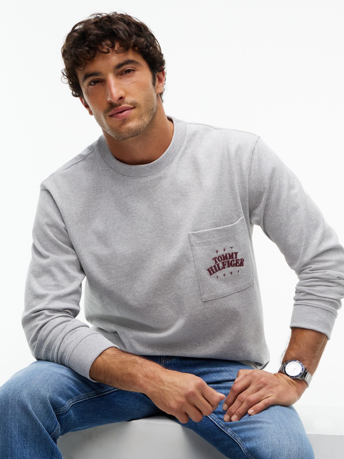 Varsity Logo Pocket Relaxed Long-Sleeve T-Shirt — Grey