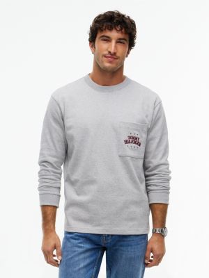 grey longsleeve o luźnym kroju z kieszonką i logo varsity dla mężczyźni - tommy hilfiger