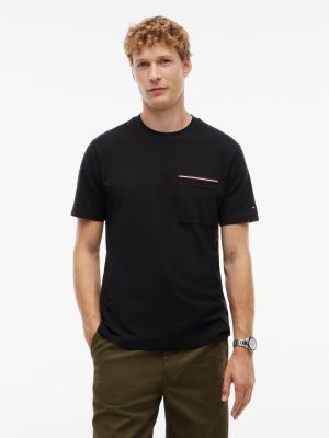 black piqué t-shirt met signature-streep op de zak voor heren - tommy hilfiger