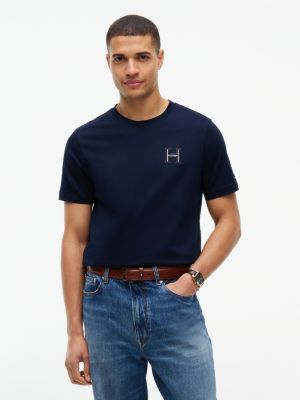 blue rundhals-t-shirt mit aufgesticktem college-logo für herren - tommy hilfiger