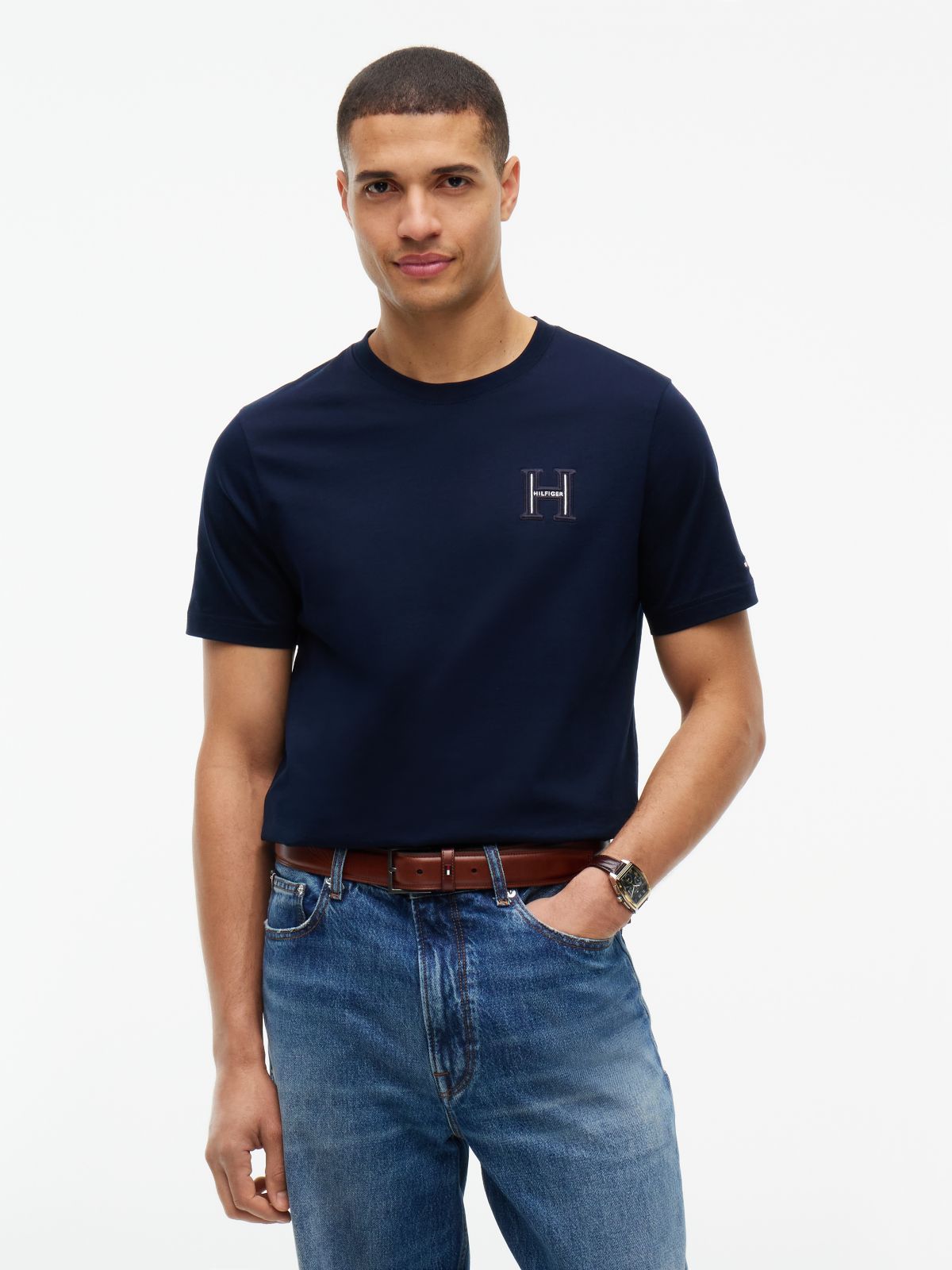 Varsity Logo Embroidery Crew Neck T-Shirt — Blue