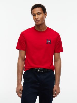 red t-shirt varsity z okrągłym dekoltem i haftem z logo dla mężczyźni - tommy hilfiger