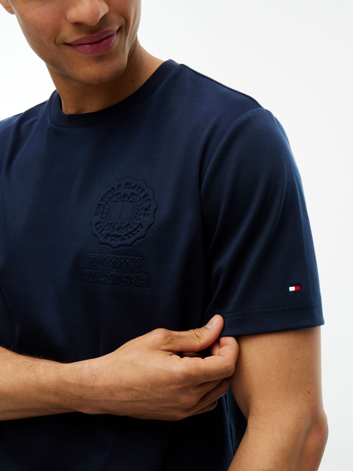 Embossed Logo Interlock Knit T-Shirt — Blue