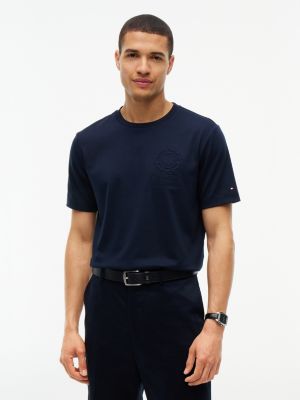 blue embossed logo interlock knit t-shirt for men tommy hilfiger