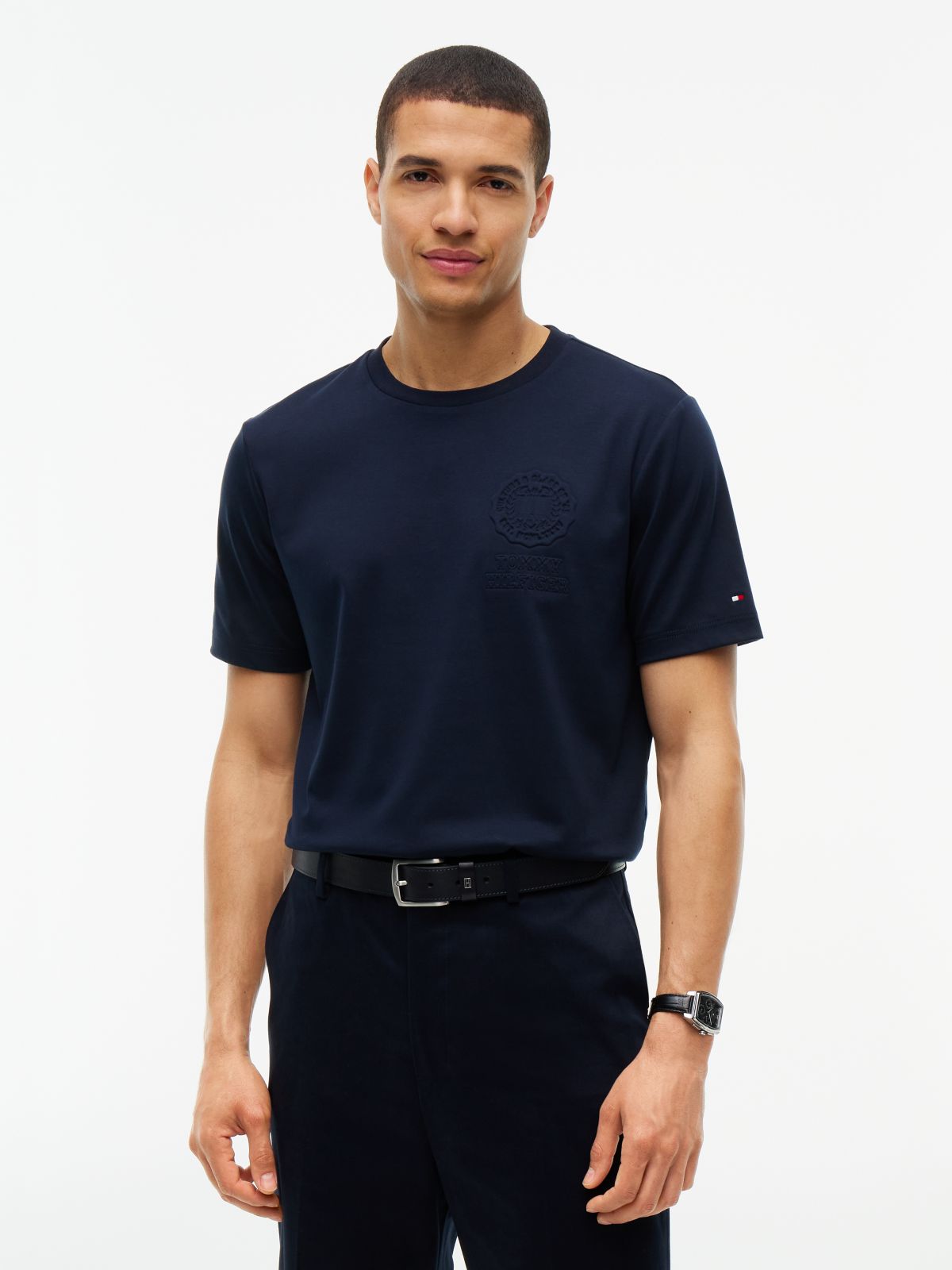 Embossed Logo Interlock Knit T-Shirt — Blue