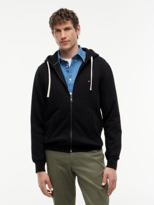 black fleece hoodie met rits en geborduurde vlag voor heren - tommy hilfiger