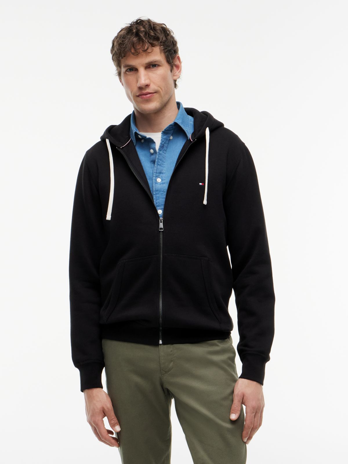 Flag Embroidery Fleece Zip-Thru Hoody — Black