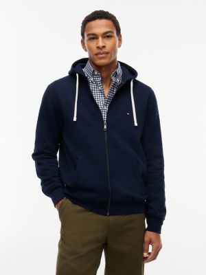 blue fleece hoodie met rits en geborduurde vlag voor heren - tommy hilfiger