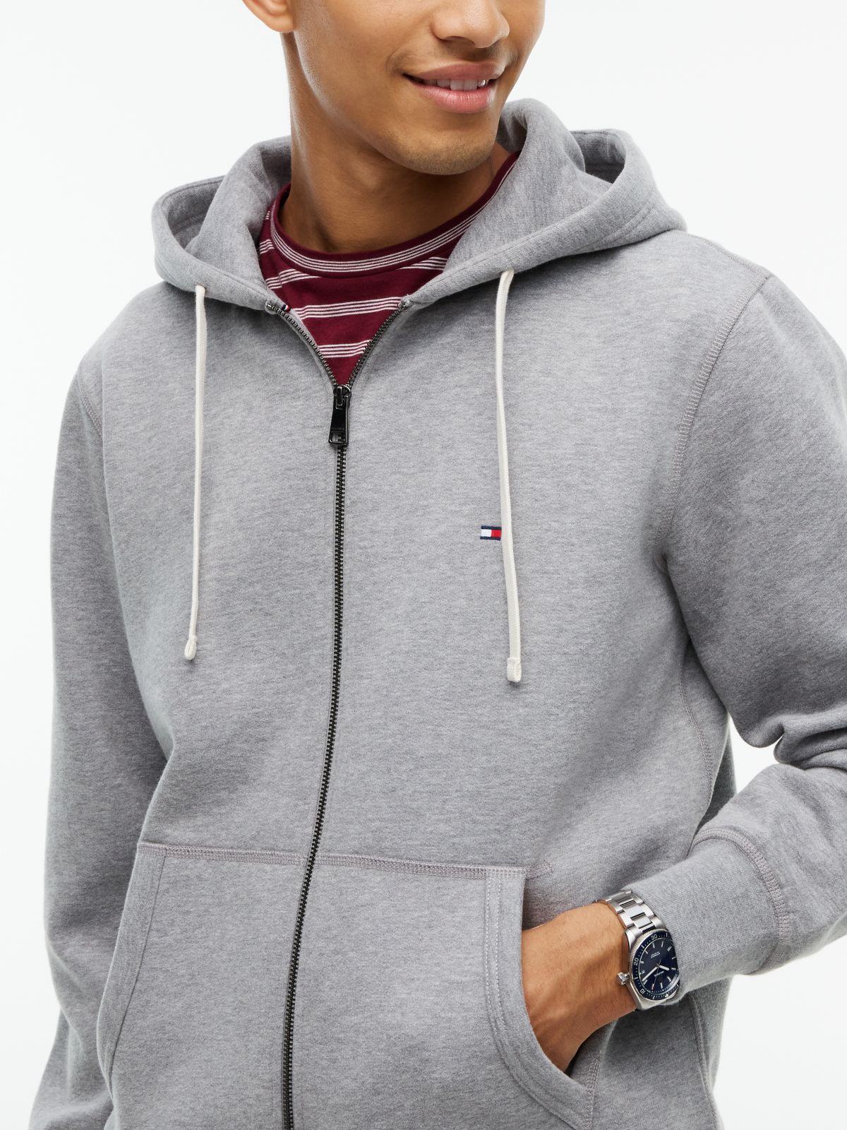 Flag Embroidery Fleece Zip-Thru Hoody — Grey