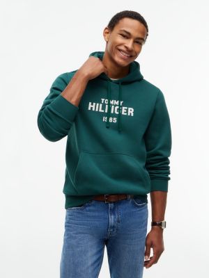 green fleece hoodie met geborduurd logo voor heren - tommy hilfiger
