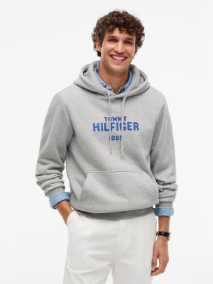 grey logo embroidery fleece hoody for men tommy hilfiger