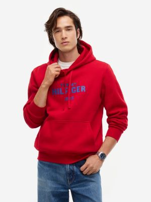 red logo embroidery fleece hoody for men tommy hilfiger