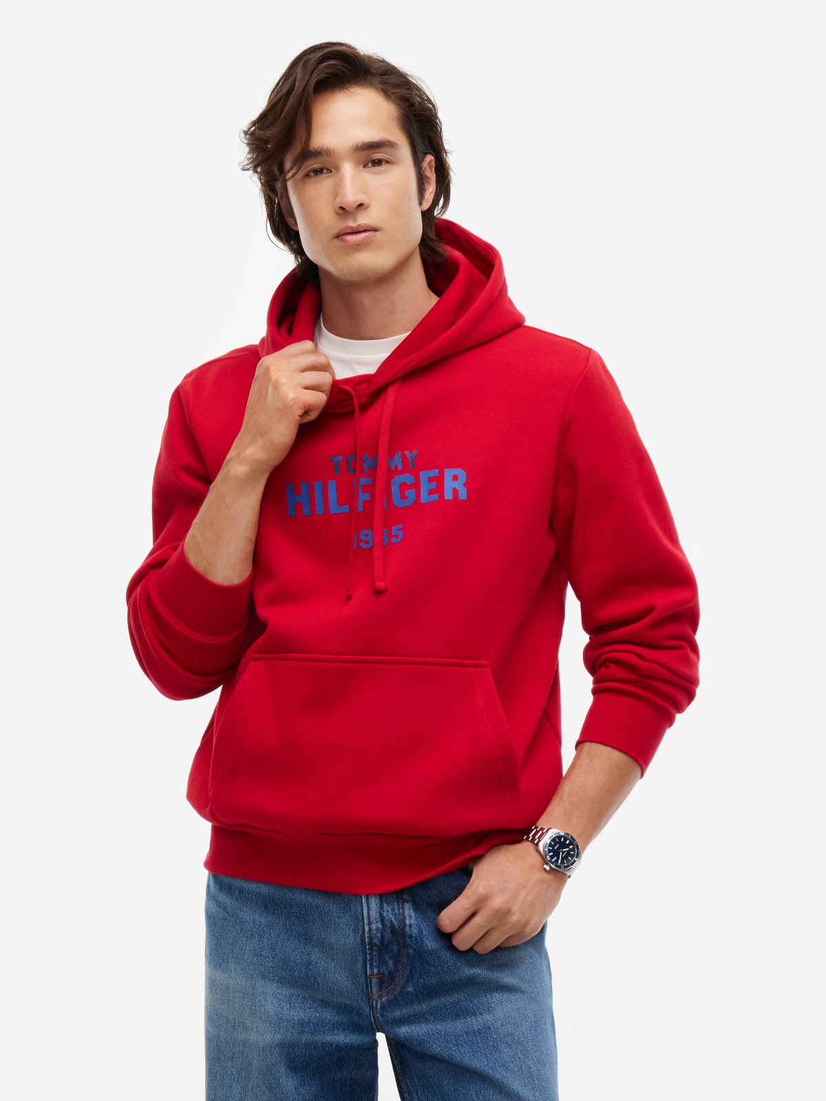 Logo Embroidery Fleece Hoody — Red
