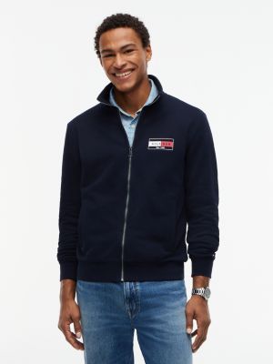 blue logo zip-thru terry sweatshirt for men tommy hilfiger