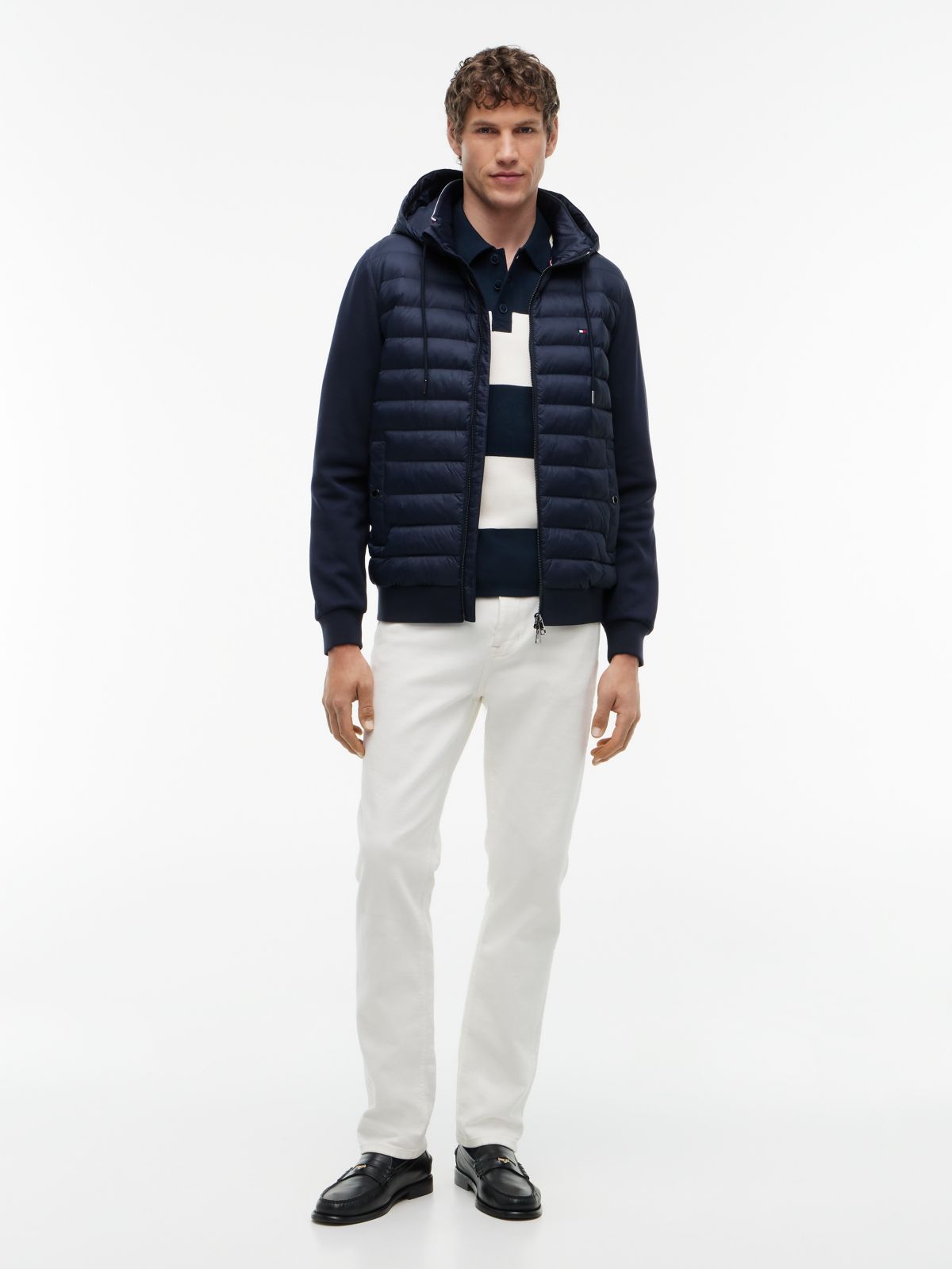 Mixed Texture Zip-Thru Hooded Sweatshirt — Blue