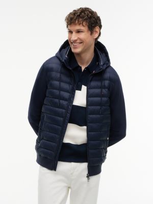 blue hoodie met rits en gemengde textuur voor heren - tommy hilfiger